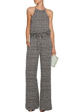 Diane Von Furstenberg Black and White Halter-Neck Printed Jumpsuit
